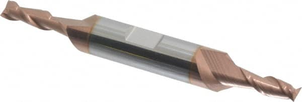 Accupro - 3/16", 1/2" LOC, 3/8" Shank Diam, 3" OAL, 2 Flute, Solid Carbide Square End Mill - Double End, TiCN Finish, Spiral Flute, 40° Helix, Centercutting, Right Hand Cut, Right Hand Flute - Benchmark Tooling