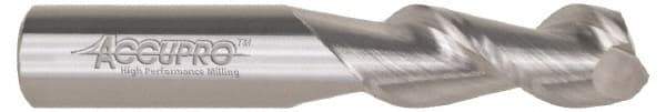 Accupro - 1/2", 2" LOC, 1/2" Shank Diam, 4" OAL, 2 Flute, Solid Carbide Square End Mill - Single End, Uncoated, Spiral Flute, 45° Helix, Centercutting, Right Hand Cut, Right Hand Flute - Benchmark Tooling