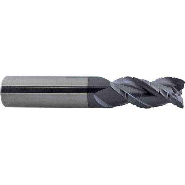 ProMax - 3/8" Diam, 2" LOC, 3 Flute Solid Carbide Roughing & Finishing Corner Radius End Mill - AlTiN Finish, 4" OAL, 3/8" Shank Diam, Weldon Shank, 40° Helix, Centercutting - Benchmark Tooling