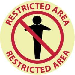 NMC - Restricted Area - Restricted Area, Anti-Skid Polyester Floor Sign - Round, Red & Black on Yellow (Glow), Adhesive Backed, For Security & Admittance - Benchmark Tooling