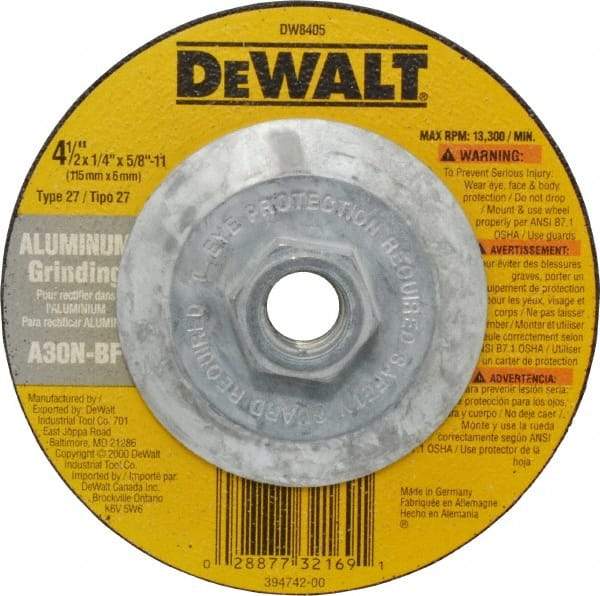 DeWALT - 30 Grit, 4-1/2" Wheel Diam, 1/4" Wheel Thickness, Type 27 Depressed Center Wheel - Aluminum Oxide, N Hardness, 13,300 Max RPM, Compatible with Angle Grinder - Benchmark Tooling