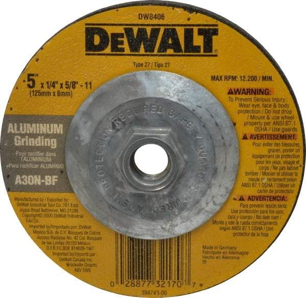DeWALT - 30 Grit, 5" Wheel Diam, 1/4" Wheel Thickness, Type 27 Depressed Center Wheel - Aluminum Oxide, N Hardness, 12,200 Max RPM, Compatible with Angle Grinder - Benchmark Tooling