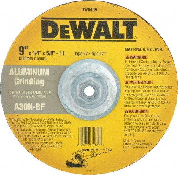 DeWALT - 30 Grit, 9" Wheel Diam, 1/4" Wheel Thickness, Type 27 Depressed Center Wheel - Aluminum Oxide, N Hardness, 6,600 Max RPM, Compatible with Angle Grinder - Benchmark Tooling