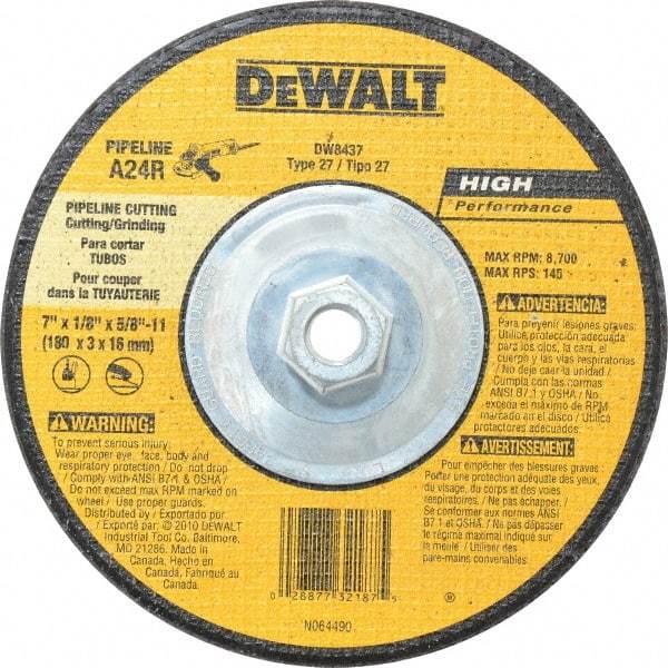 DeWALT - 24 Grit, 7" Wheel Diam, 1/8" Wheel Thickness, Type 27 Depressed Center Wheel - Aluminum Oxide, R Hardness, 8,700 Max RPM, Compatible with Angle Grinder - Benchmark Tooling