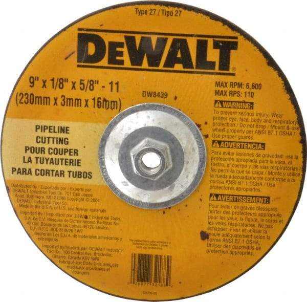 DeWALT - 24 Grit, 9" Wheel Diam, 1/8" Wheel Thickness, Type 27 Depressed Center Wheel - Aluminum Oxide, R Hardness, 6,600 Max RPM, Compatible with Angle Grinder - Benchmark Tooling