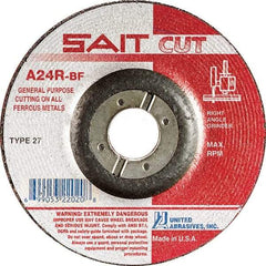 Sait - 24 Grit, 6" Wheel Diam, 1/8" Wheel Thickness, 7/8" Arbor Hole, Type 27 Depressed Center Wheel - Aluminum Oxide, Resinoid Bond, R Hardness, 10,200 Max RPM, Compatible with Angle Grinder - Benchmark Tooling