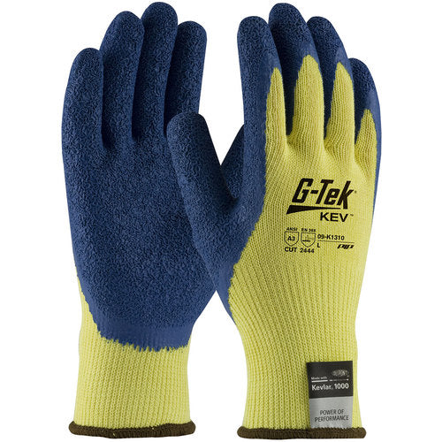 09-K1310/M Gloves w/Kevlar Brand - G-Tek KEV - 100% Kevlar 10G Yellow Shell - Blue Latex Crinkle Grip - A3