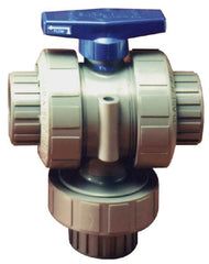 Plast-O-Matic - 1-1/2" Pipe, PVC True Union Design Ball Valve - Three Way, FNPT x FNPT x FNPT Ends, Tee Handle, 175 WOG - Benchmark Tooling