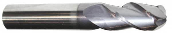 Accupro - 7/16" Diam, 2" LOC, 3 Flute Solid Carbide Ball End Mill - AlTiN Finish, Single End, 4" OAL, 7/16" Shank Diam, Spiral Flute - Benchmark Tooling