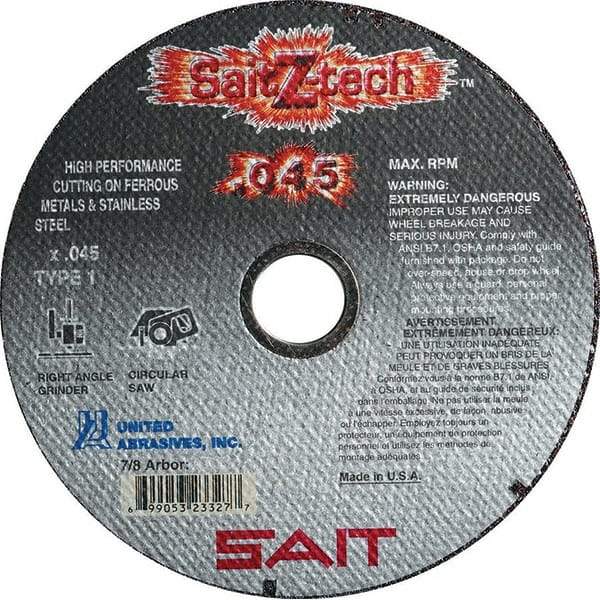 Sait - 7" Zirconia Alumina Cutoff Wheel - 0.045" Thick, 5/8" Arbor, 8,500 Max RPM, Use with Angle Grinders - Benchmark Tooling