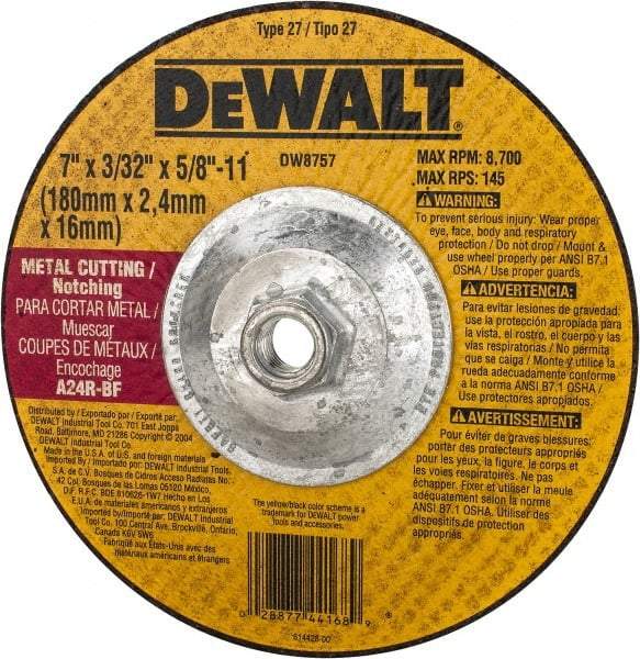 DeWALT - 24 Grit, 7" Wheel Diam, 3/32" Wheel Thickness, Type 27 Depressed Center Wheel - Aluminum Oxide, R Hardness, 8,700 Max RPM, Compatible with Angle Grinder - Benchmark Tooling