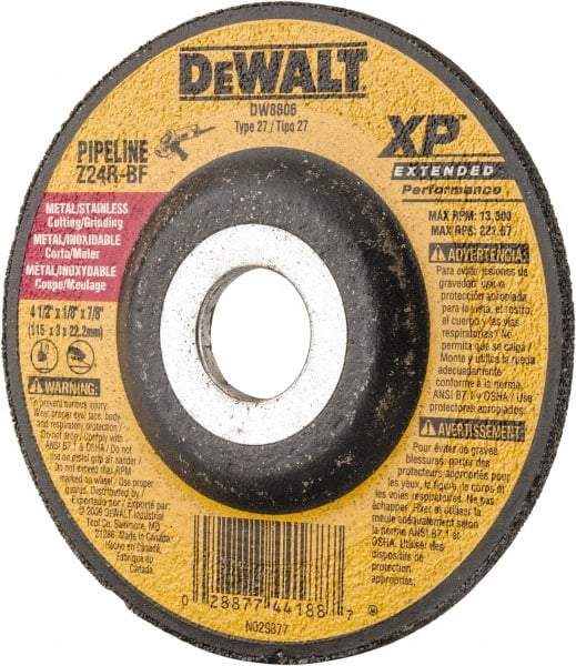 DeWALT - 24 Grit, 4-1/2" Wheel Diam, 1/8" Wheel Thickness, 7/8" Arbor Hole, Type 27 Depressed Center Wheel - Zirconia Alumina, R Hardness, 13,300 Max RPM, Compatible with Angle Grinder - Benchmark Tooling