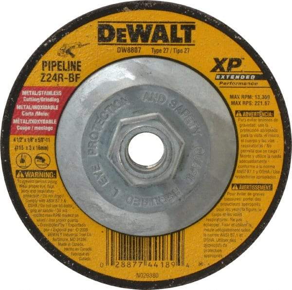 DeWALT - 24 Grit, 4-1/2" Wheel Diam, 1/8" Wheel Thickness, Type 27 Depressed Center Wheel - Zirconia Alumina, R Hardness, 13,300 Max RPM, Compatible with Angle Grinder - Benchmark Tooling