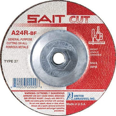 Sait - 24 Grit, 4-1/2" Wheel Diam, 3/32" Wheel Thickness, Type 27 Depressed Center Wheel - Aluminum Oxide, Resinoid Bond, R Hardness, 13,300 Max RPM, Compatible with Angle Grinder - Benchmark Tooling