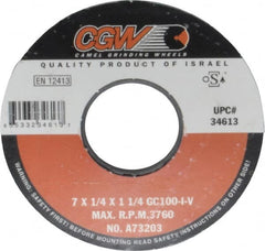 Camel Grinding Wheels - 7" Diam x 1-1/4" Hole x 1/4" Thick, I Hardness, 100 Grit Surface Grinding Wheel - Silicon Carbide, Type 1, Fine Grade, 3,760 Max RPM, Vitrified Bond, No Recess - Benchmark Tooling
