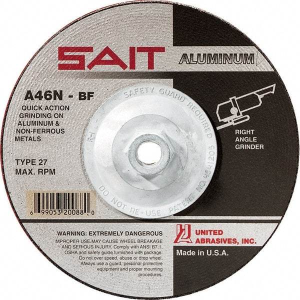 Sait - 46 Grit, 5" Wheel Diam, 1/4" Wheel Thickness, Type 27 Depressed Center Wheel - Aluminum Oxide, Resinoid Bond, N Hardness, 12,200 Max RPM, Compatible with Angle Grinder - Benchmark Tooling