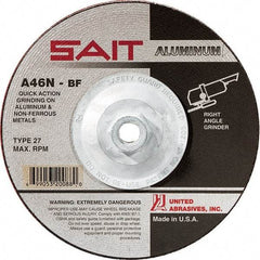 Sait - 46 Grit, 4-1/2" Wheel Diam, 1/4" Wheel Thickness, Type 27 Depressed Center Wheel - Aluminum Oxide, Resinoid Bond, N Hardness, 13,300 Max RPM, Compatible with Angle Grinder - Benchmark Tooling