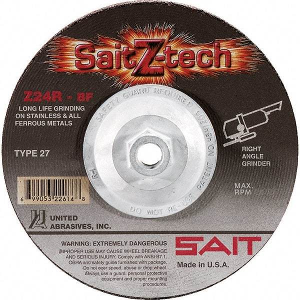 Sait - 24 Grit, 7" Wheel Diam, 1/4" Wheel Thickness, Type 27 Depressed Center Wheel - Zirconia Alumina, Resinoid Bond, R Hardness, 8,500 Max RPM, Compatible with Angle Grinder - Benchmark Tooling