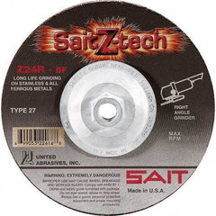 Sait - 24 Grit, 9" Wheel Diam, 1/4" Wheel Thickness, Type 27 Depressed Center Wheel - Zirconia Alumina, Resinoid Bond, R Hardness, 6,600 Max RPM, Compatible with Angle Grinder - Benchmark Tooling