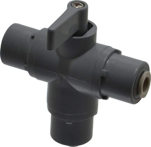 Specialty Mfr - 1/4" Pipe, PVC Standard Ball Valve - Three Way, Push-to-Connect x Push-to-Connect x Push-to-Connect Ends, Wedge Handle, 125 WOG - Benchmark Tooling