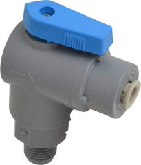 Specialty Mfr - 1/4" Pipe, PVC Standard Ball Valve - Right Angle, MNPT x Push-to-Connect Ends, Wedge Handle, 125 WOG - Benchmark Tooling