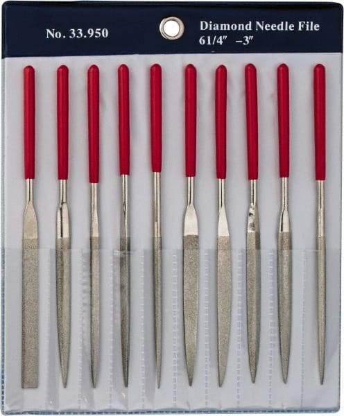 Grobet - 10 Piece Diamond Pattern File Set - 6-1/4" Long, Medium Coarseness, Set Includes Flat, Round, Square, Three Square - Benchmark Tooling