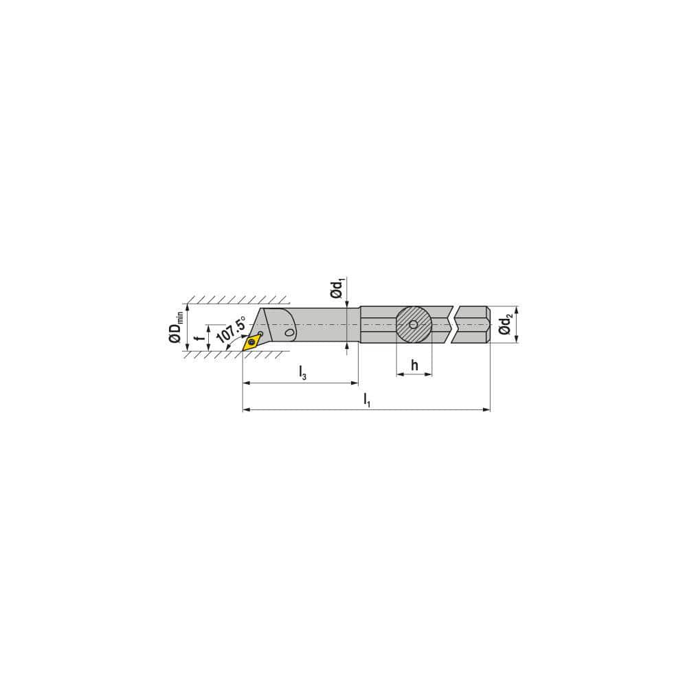 Indexable Boring Bar: E-A0810H SDQCR 07, 12.50 mm Min Bore, 10.00 mm Shank Dia, 107.50° N/A Solid Carbide 100.0000″ OAL, Screw Clamping,