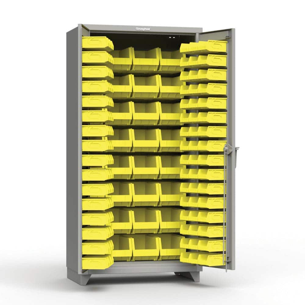 Keep small parts handy and organized with this heavy-duty bin cabinet. All welded, fully assembled, 25-year warranty. Industrial Bin Cabinet 36″W x 24″D x 72″H