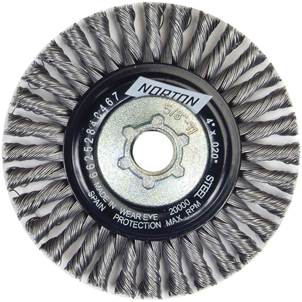 Norton - 4" OD, 5/8-11 Arbor Hole, Stringer Bead Twist Knot Carbon Wheel Brush - Benchmark Tooling