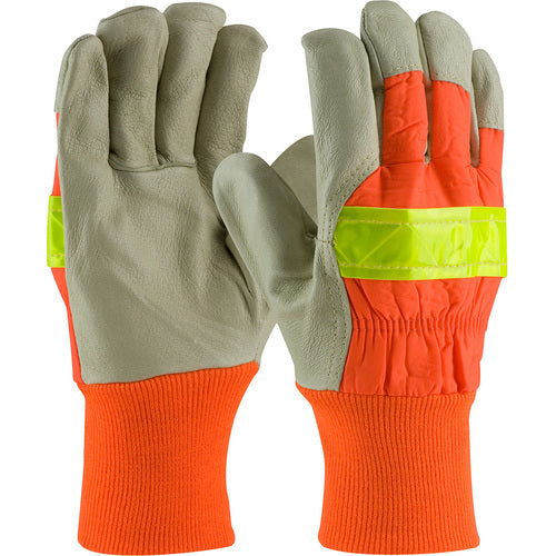 125-448/L Leather Palm Gloves - Hi-Vis Fabric - 3M Thinsulate Lining - Top Grain Pigskin - KW