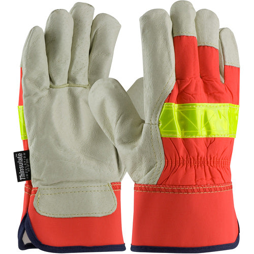 125-458/S Leather Palm Gloves - Hi-Vis Fabric - Rubberized SC - 3M Thinsulate Lining - Grain Pigskin