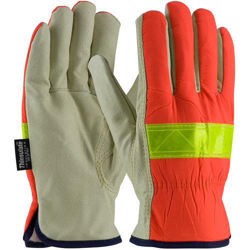 125-468/L Leather Drivers Gloves - Hi-Vis Fabric - 3M Thinsulate Lining w/Pigskin Palm - Keystone Thumb