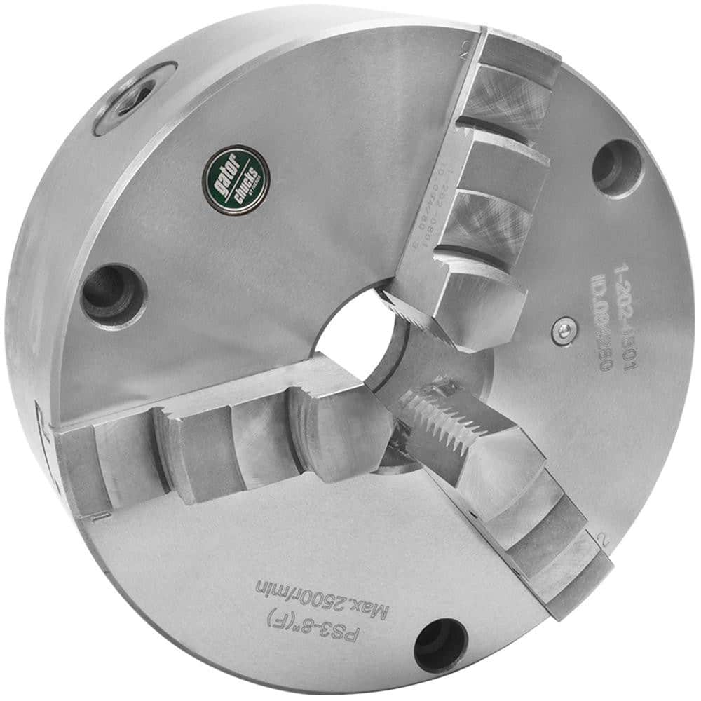 Self-Centering Manual Lathe Chuck: 3-Jaw, 8″ Dia Hard & Solid Jaws, Front Mount, 2,500 Max RPM