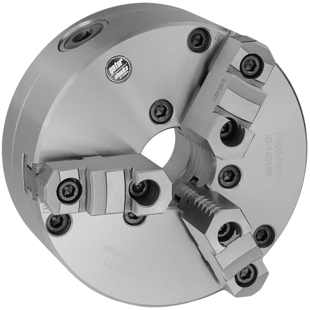Self-Centering Manual Lathe Chuck: 3-Jaw, 5″ Dia Two-Piece Jaws, Front Mount, 4,800 Max RPM