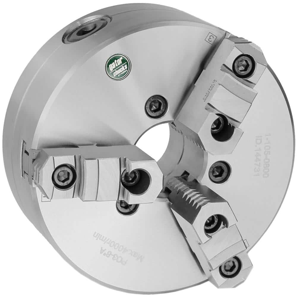 Self-Centering Manual Lathe Chuck: 3-Jaw, 5″ Dia Two-Piece Jaws, Plain Back Mount, 4,800 Max RPM