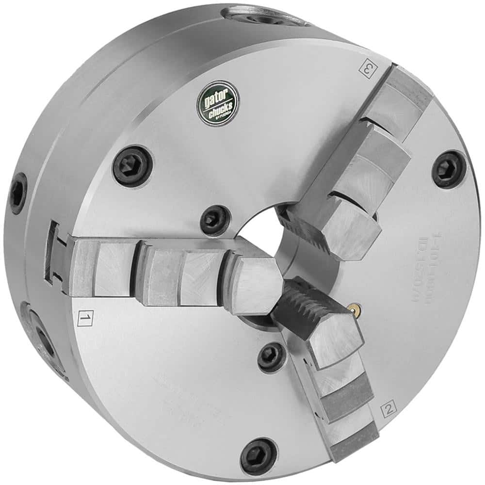 Self-Centering Manual Lathe Chuck: 3-Jaw, 5″ Dia Two-Piece Jaws, Plain Back Mount, 3,200 Max RPM