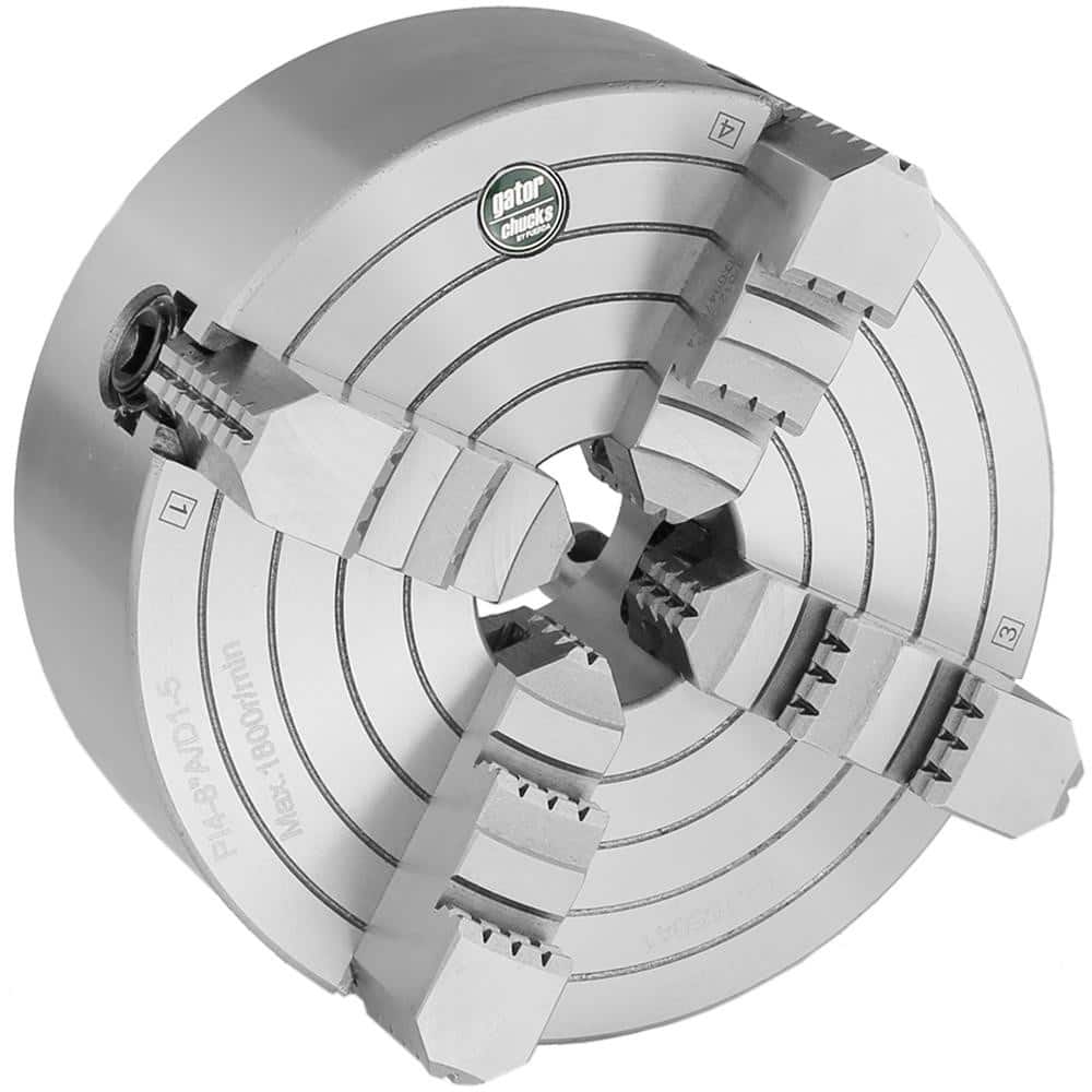 Independent Manual Lathe Chuck: 4-Jaw, 8″ Dia Hard & Solid Jaws, Direct & D1-5 Mount, 1,800 Max RPM