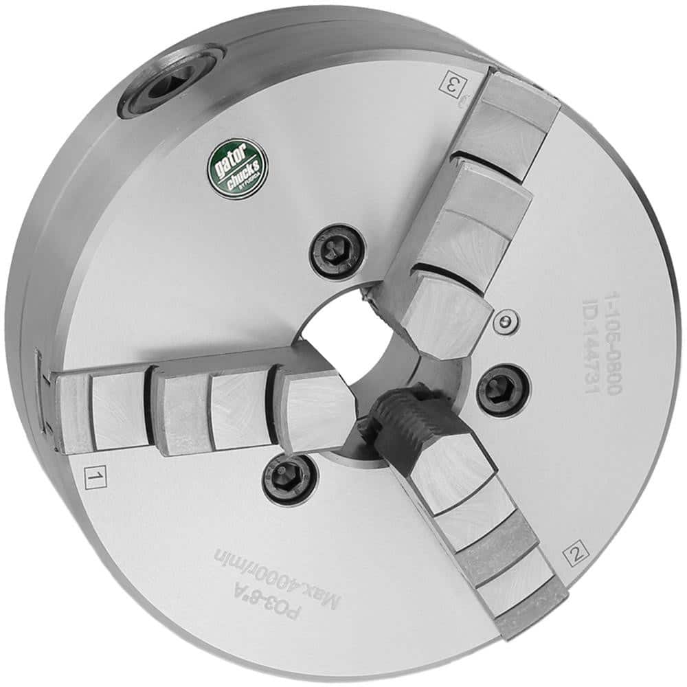 Self-Centering Manual Lathe Chuck: 3-Jaw, 10″ Dia Hard & Solid Jaws, Plain Back Mount, 3,500 Max RPM