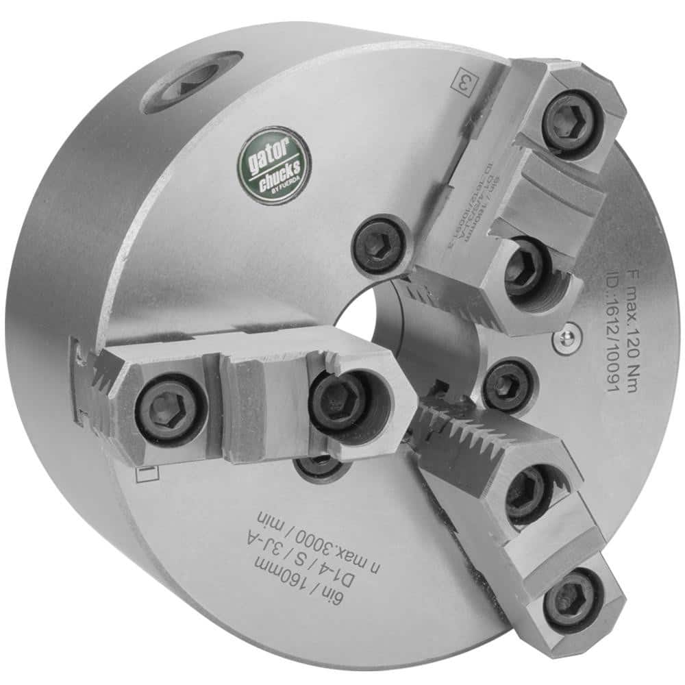 Self-Centering Manual Lathe Chuck: 3-Jaw, 6″ Dia Two-Piece Jaws, Direct & D1-4 Mount, 3,000 Max RPM