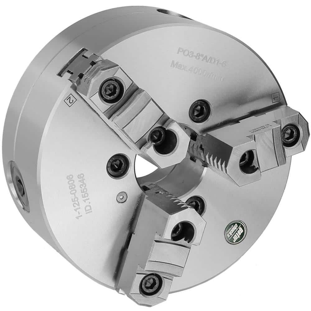 Self-Centering Manual Lathe Chuck: 3-Jaw, 10″ Dia Two-Piece Jaws, Direct & D1-8 Mount, 3,500 Max RPM