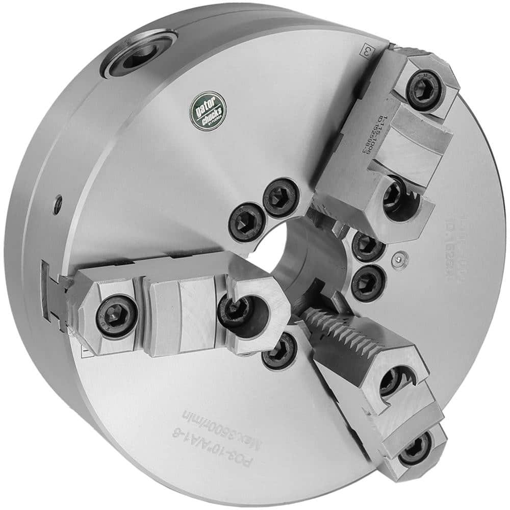 Self-Centering Manual Lathe Chuck: 3-Jaw, 8″ Dia Two-Piece Jaws, Direct & A1-6 Mount, 4,000 Max RPM