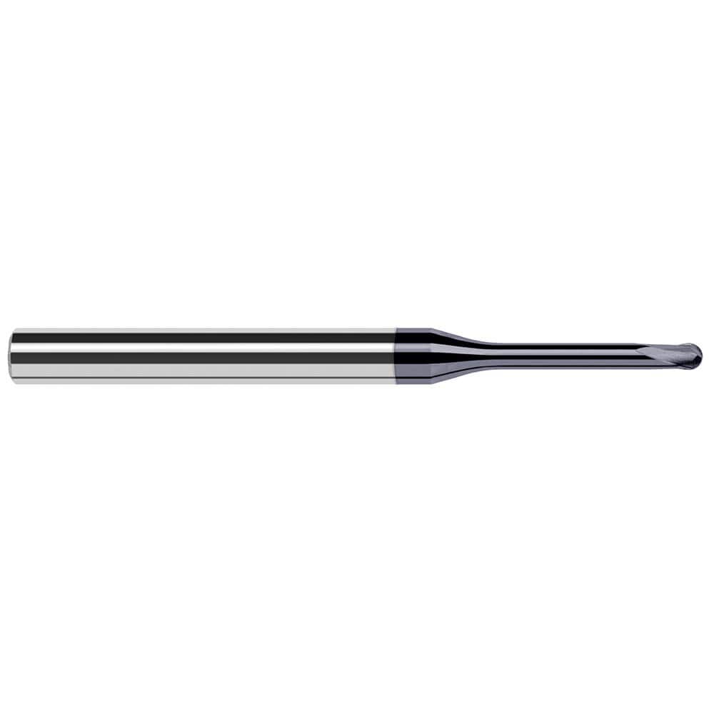 Ball End Mill: 0.015″ Dia, 0.012″ LOC, 2 Flute, Solid Carbide 2-1/2″ OAL, 1/4″ Shank Dia, 20 ° Helix, AlTiN Coated, Single End