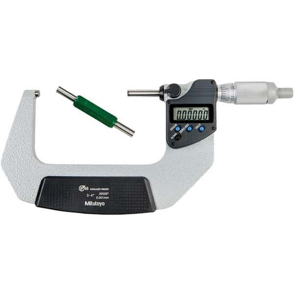 Electronic Outside Micrometer: 4″, Carbide Tipped Measuring Face, IP65 0.00005″ Resolution, ±0.000050″Accuracy, Ratchet Thimble