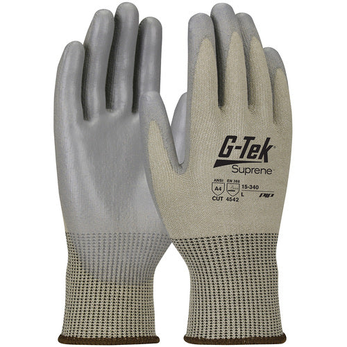 15-340/XXL Coated Gloves w/Polykor - G-Tek Suprene - Tan 13G Nano Shell - Gray Polyurethane Grip - A4 - Exact Industrial Supply