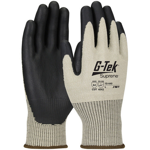 15-440/L Coated Gloves w/Polykor - G-Tek Suprene - Tan 13G Nano Shell - Black Neofoam Grip - A4 - Exact Industrial Supply