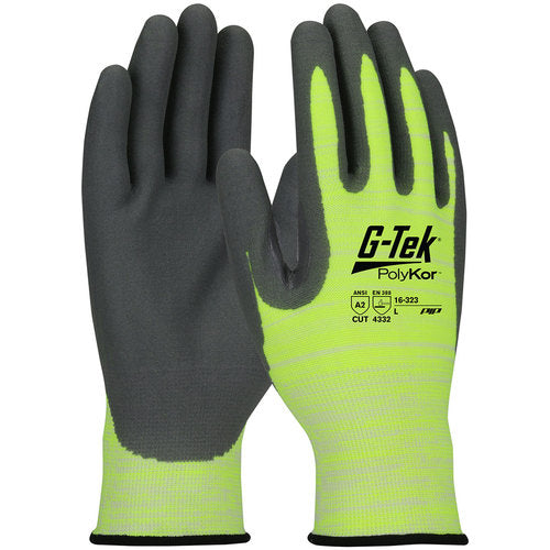 16-323/M Coated Gloves w/Polykor - G-Tek PolyKor - Hi-Vis 15G Shell - A2 Nitrile Foam - Silicone Free - Thumb+ - Exact Industrial Supply
