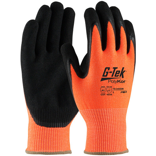 16-340OR/L Coated Gloves w/Polykor - G-Tek PolyKor - HV Orange 13G Shell - DD Nitrile MicroSurface Grip - A3 - Exact Industrial Supply