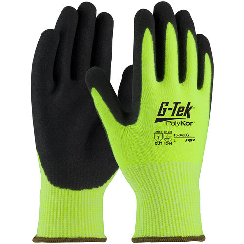 16-343LG/M Coated Gloves w/Polykor - G-Tek PolyKor - HV Lime G 13G Shell - DD Nitrile MicroSurface Grip - A2 - Exact Industrial Supply