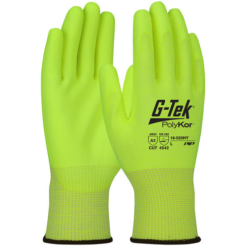 16-520HY/XL Coated Gloves w/Polykor - G-Tek PolyKor - Hi-Vis 13G Blended Shell - Hi-Vis Polyurethane Grip - A3 - Exact Industrial Supply