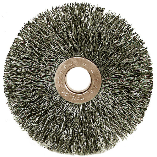 1-1/2″ Small Diameter Crimped Wire Wheel, .005″ Stainless Steel Fill, 3/8″ Arbor Hole - Benchmark Tooling